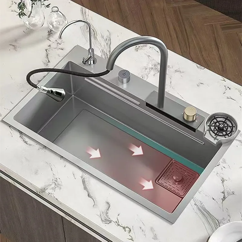 Nano Kitchen Sink 304 Stainless Steel Waterfall Sink Gun Gray Kitchen Sink Multi-Function Ladder Type Large Single Sink
Nano Kitchen Sink 304 Stainless Steel Waterfall Sink Gun Gray Kitchen Sink Multi-Function Ladder Type Large Single Sink