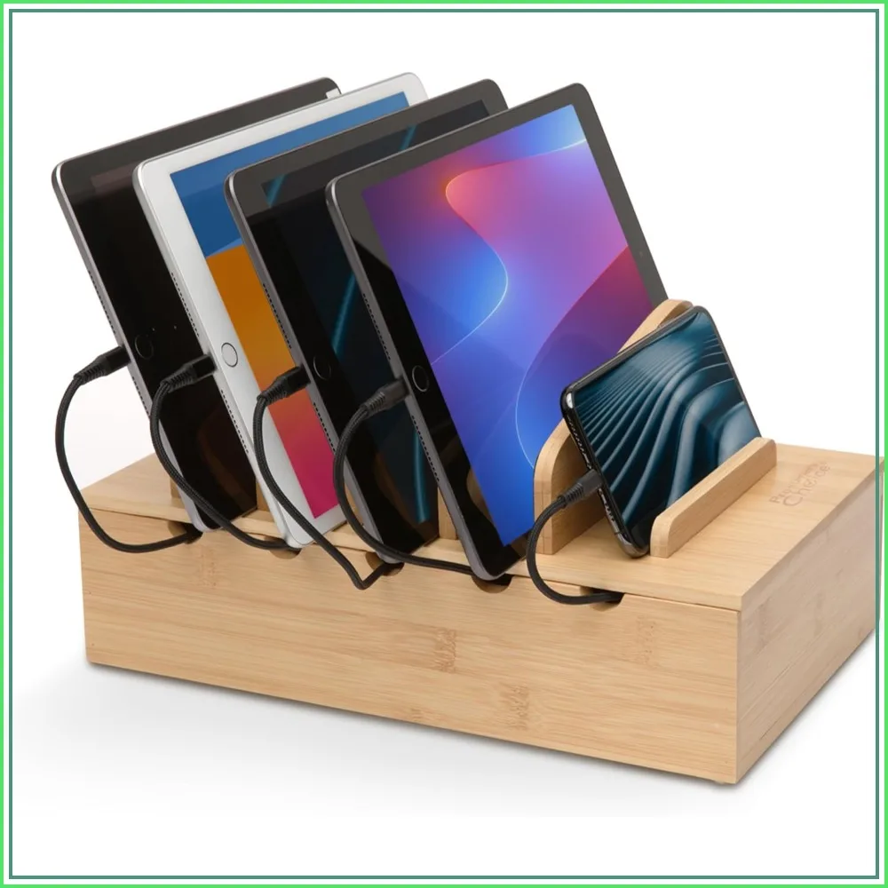 Wooden Charging Station Organizer - 5-Port Base for Phones, Tablets, Laptops - Multi-Device Docking Station with Removable Divider Slots - Cord Box with Cable Management
Wooden Charging Station Organizer - 5-Port Base for Phones, Tablets, Laptops - Multi-Device Docking Station with Removable Divider Slots - Cord Box with Cable Management