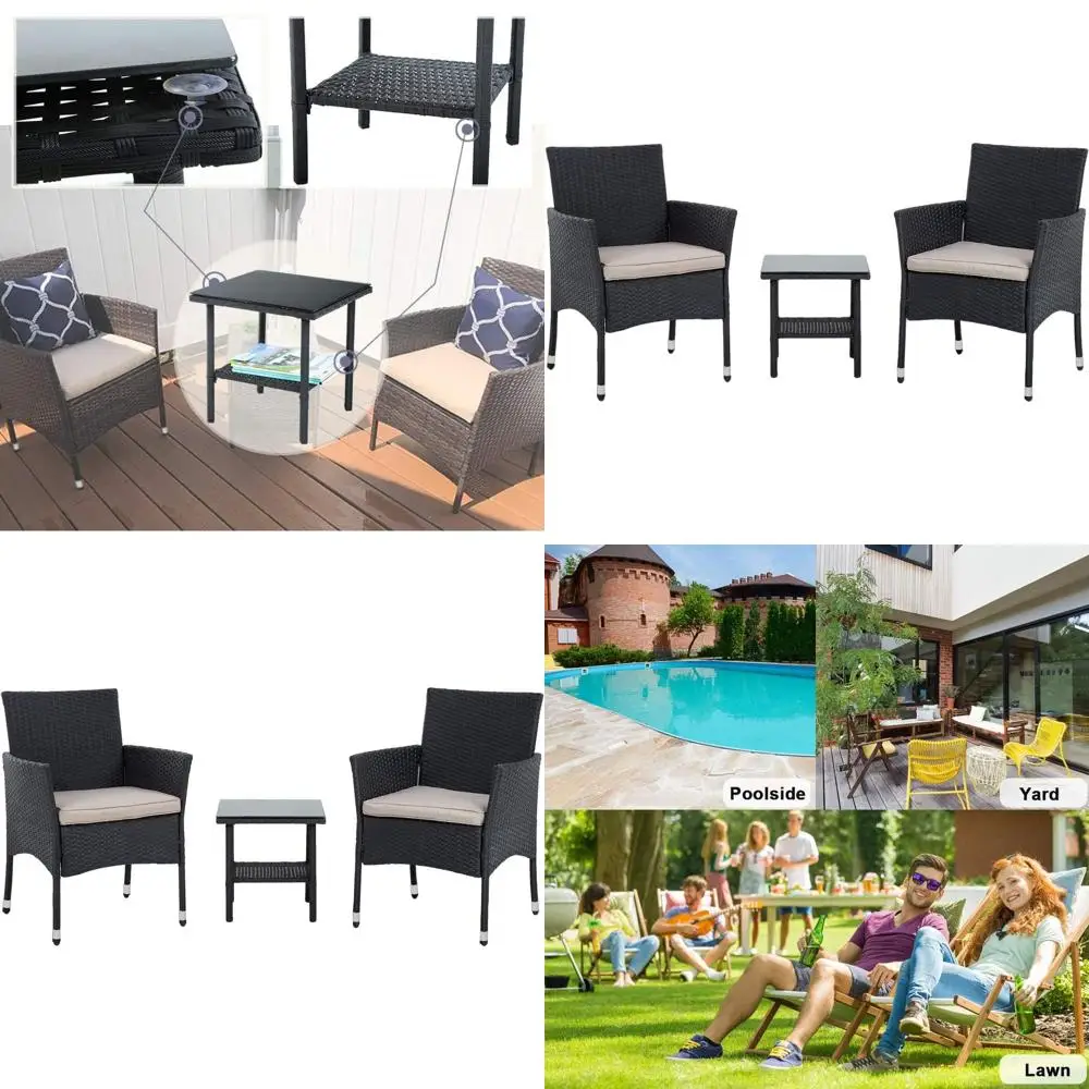 3-Piece Outdoor Bistro Set with Rattan Chairs for Patio, Backyard, and Poolside in Black
3-Piece Outdoor Bistro Set with Rattan Chairs for Patio, Backyard, and Poolside in Black