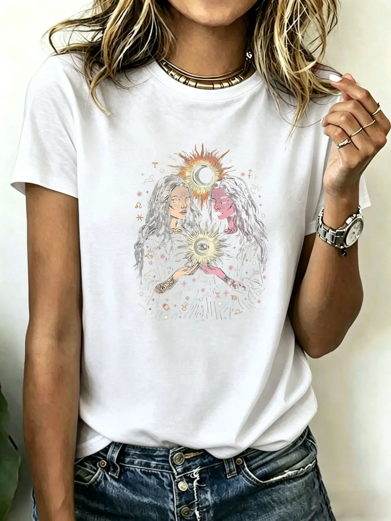 Plus-size Women's T-shirts, Celestial Angel Sunburst Moon Watercolor Print Bohemian Mystical Short Sleeve Casual Summer Tops
Plus-size Women's T-shirts, Celestial Angel Sunburst Moon Watercolor Print Bohemian Mystical Short Sleeve Casual Summer Tops