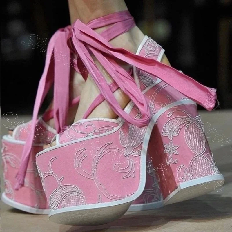 Floral Embroidery Pink Peep Toe Platform Sandals Lace Up Women Shoes Chunky High Heels New Party Dating 2025 Zapatos Para Mujere
Floral Embroidery Pink Peep Toe Platform Sandals Lace Up Women Shoes Chunky High Heels New Party Dating 2025 Zapatos Para Mujere