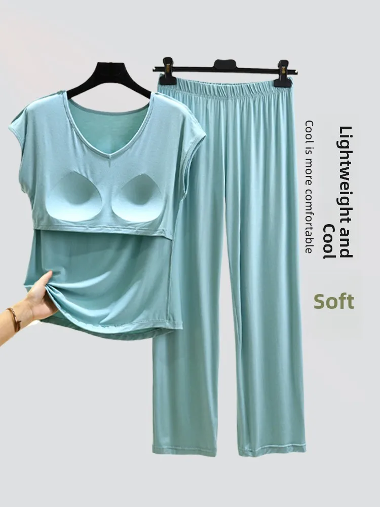 Women's Modal Sleepwear Set Summer Sleeveless T-Shirt with Chest Pad Long Pants Outdoor Wearable Comfortable Home Clothes
Women's Modal Sleepwear Set Summer Sleeveless T-Shirt with Chest Pad Long Pants Outdoor Wearable Comfortable Home Clothes
