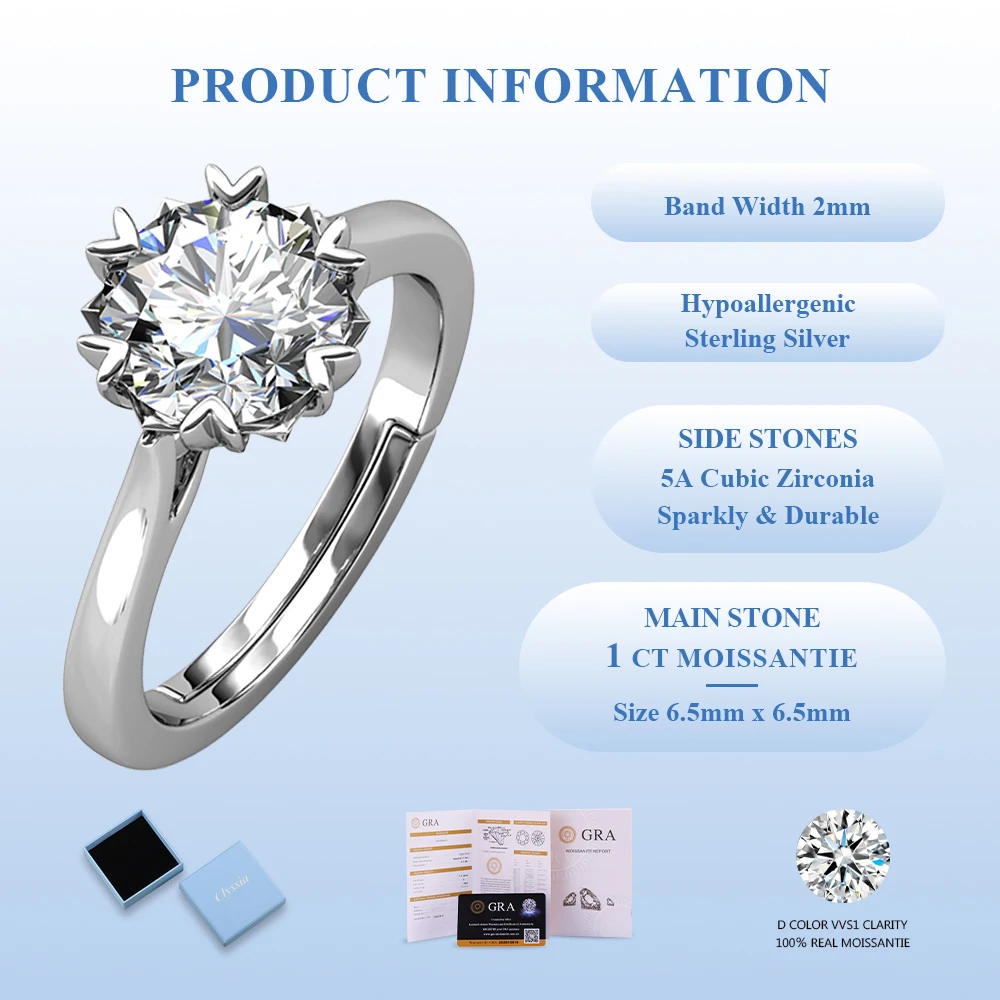 CLYSSIA Round Cut Moissanite Ring 1ct D Color VVS1 Anniversary Engagement Wedding Gift for Bride Memorial Collection Jewelry
CLYSSIA Round Cut Moissanite Ring 1ct D Color VVS1 Anniversary Engagement Wedding Gift for Bride Memorial Collection Jewelry