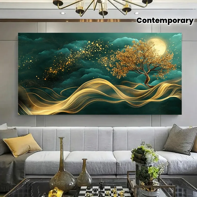 Frameless Modern Abstract Canvas Wall Art Golden Tree Line and Dark Green Clouds, Moon and Sparkling Lights, Large Size Painting
Frameless Modern Abstract Canvas Wall Art Golden Tree Line and Dark Green Clouds, Moon and Sparkling Lights, Large Size Painting