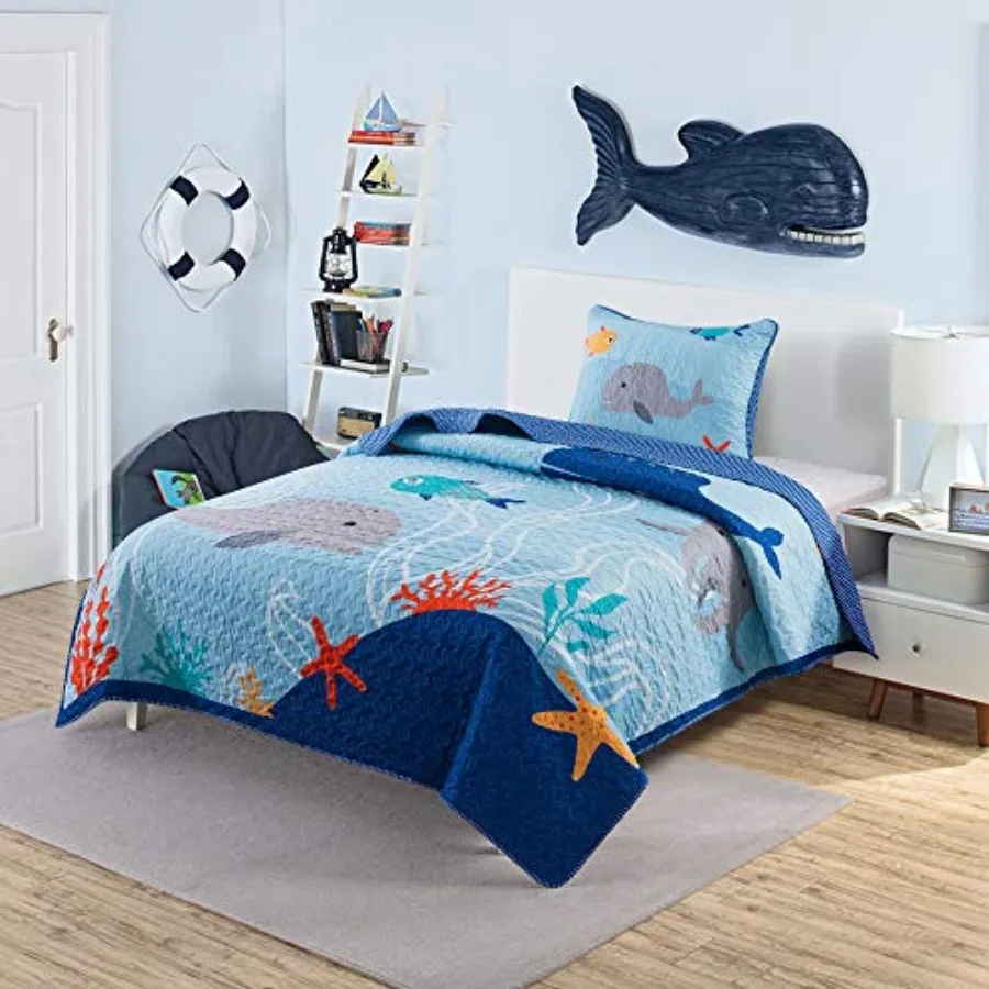 Ocean Explorer Quilt Set - Size with 2 Shams Ocean Themed Quilted Bedspread with Whales and Sea Life Lightweight Nautical Beddi
Ocean Explorer Quilt Set - Size with 2 Shams Ocean Themed Quilted Bedspread with Whales and Sea Life Lightweight Nautical Beddi