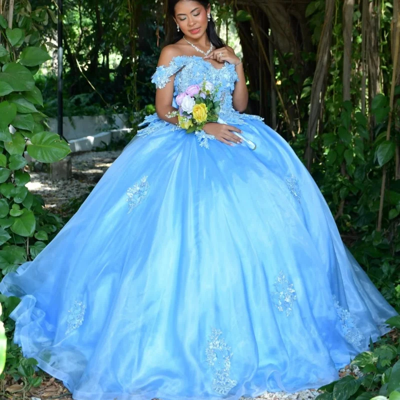 Blue Quinceanera Dress off-shoulder Glitter 3D Flower Decal Long tail Lace Bow vestidos de 15 Quinceanera Customize
Blue Quinceanera Dress off-shoulder Glitter 3D Flower Decal Long tail Lace Bow vestidos de 15 Quinceanera Customize