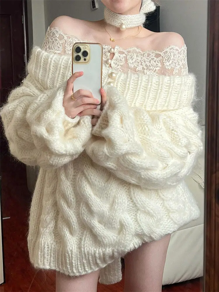 Elegant Sweet Lace Off Shoulder Knitted Pullovers Y2k Long Sleeve Tops Women Autumn Winter New Bottoming Sweaters Mujer
Elegant Sweet Lace Off Shoulder Knitted Pullovers Y2k Long Sleeve Tops Women Autumn Winter New Bottoming Sweaters Mujer