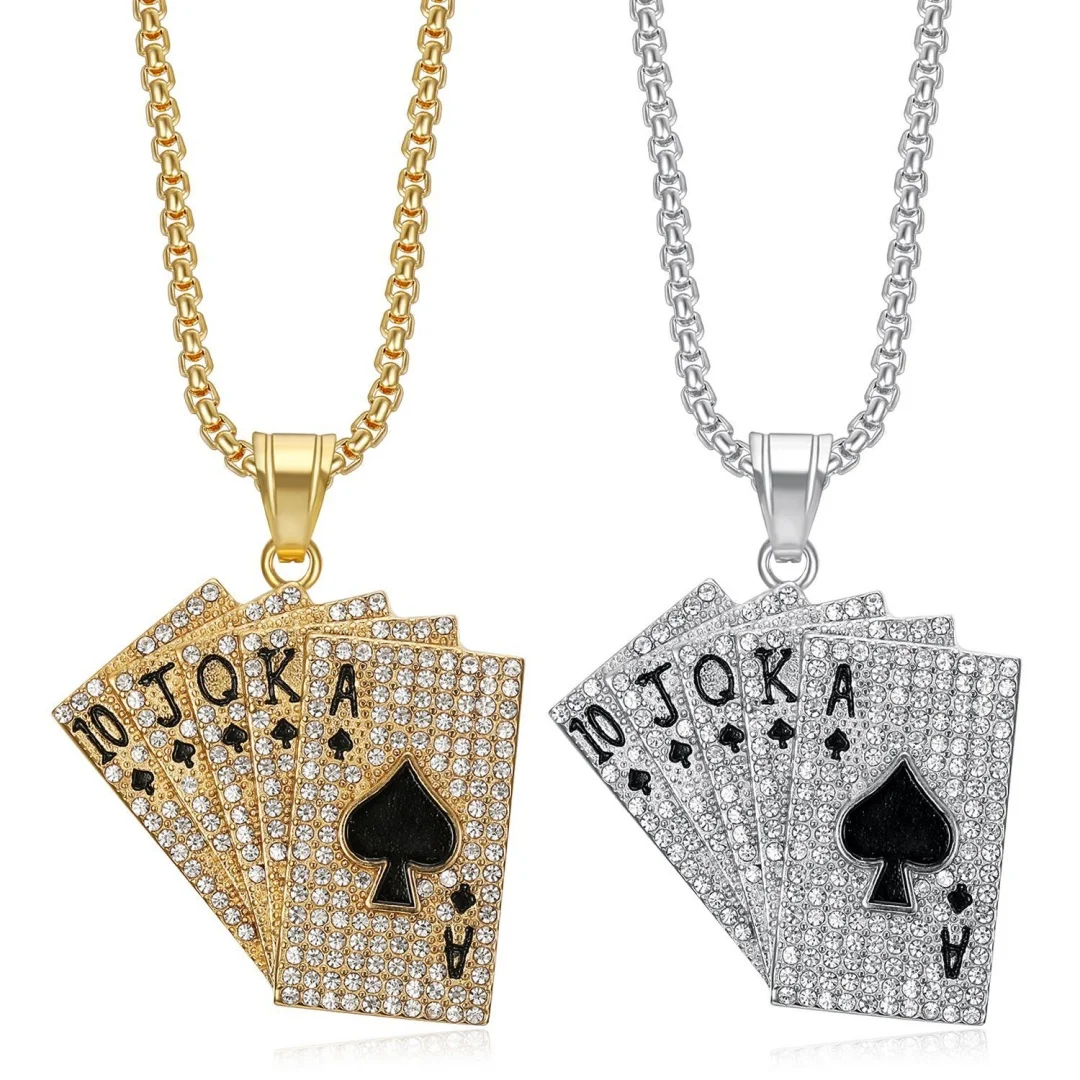 Hiphop Iced Out Playing Card Pendant Gold Silver Color Stainless Steel Rapper Necklace for Men Straight Flush Lucky Jewelry Gift
Hiphop Iced Out Playing Card Pendant Gold Silver Color Stainless Steel Rapper Necklace for Men Straight Flush Lucky Jewelry Gift