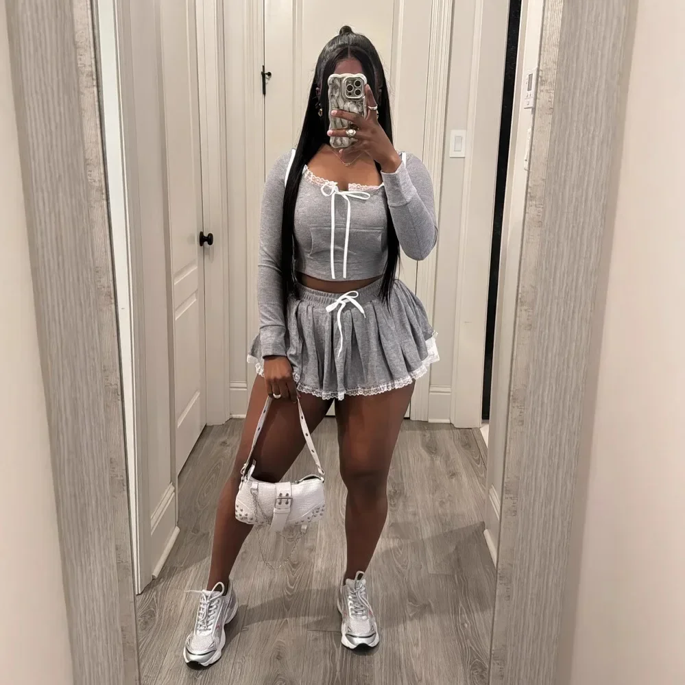 Women Mini Pleated Skirts Set +Full Sleeve Lace Hoodies Two 2 Piece Set Outfits Fall Street Night Club Cute Outfits
Women Mini Pleated Skirts Set +Full Sleeve Lace Hoodies Two 2 Piece Set Outfits Fall Street Night Club Cute Outfits