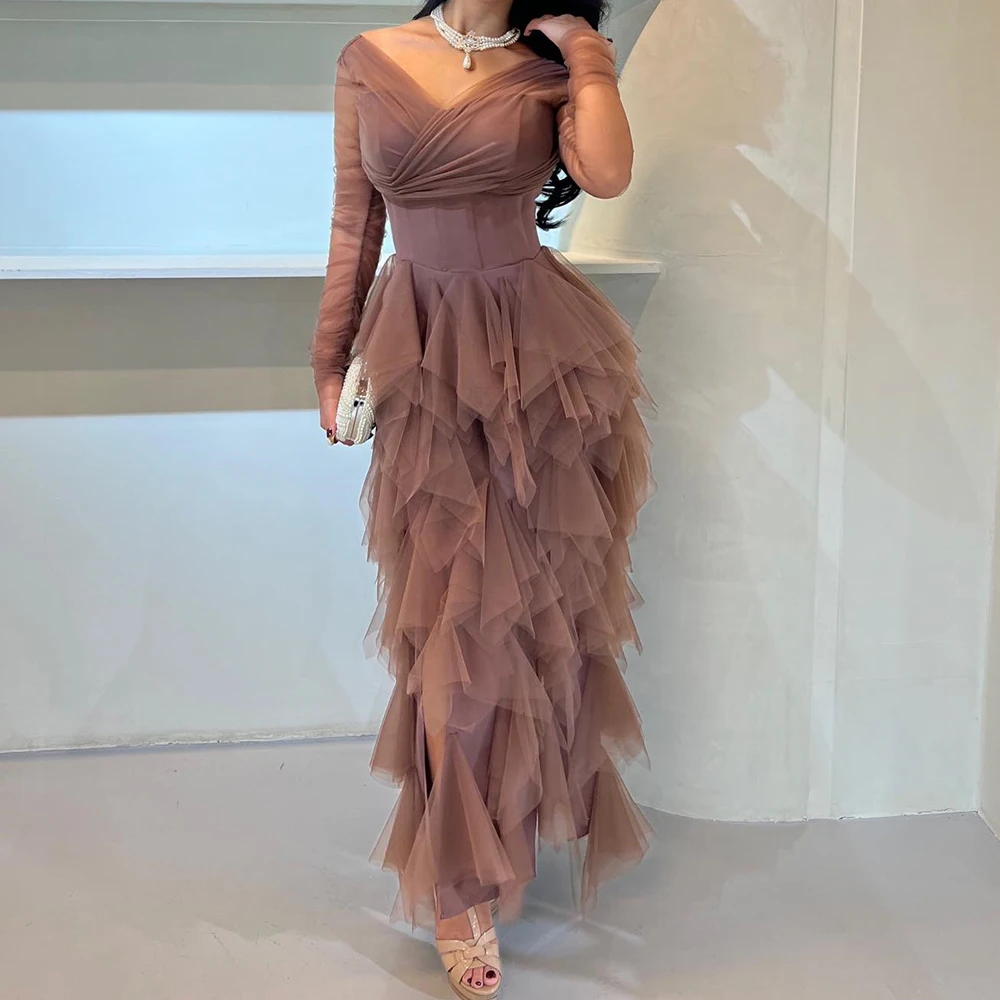 Customized Tulle Straight Tiered Evening Dress V-Neck Floor Length Side Slit Long Sleeves Temperament Vestidos para mujer
Customized Tulle Straight Tiered Evening Dress V-Neck Floor Length Side Slit Long Sleeves Temperament Vestidos para mujer