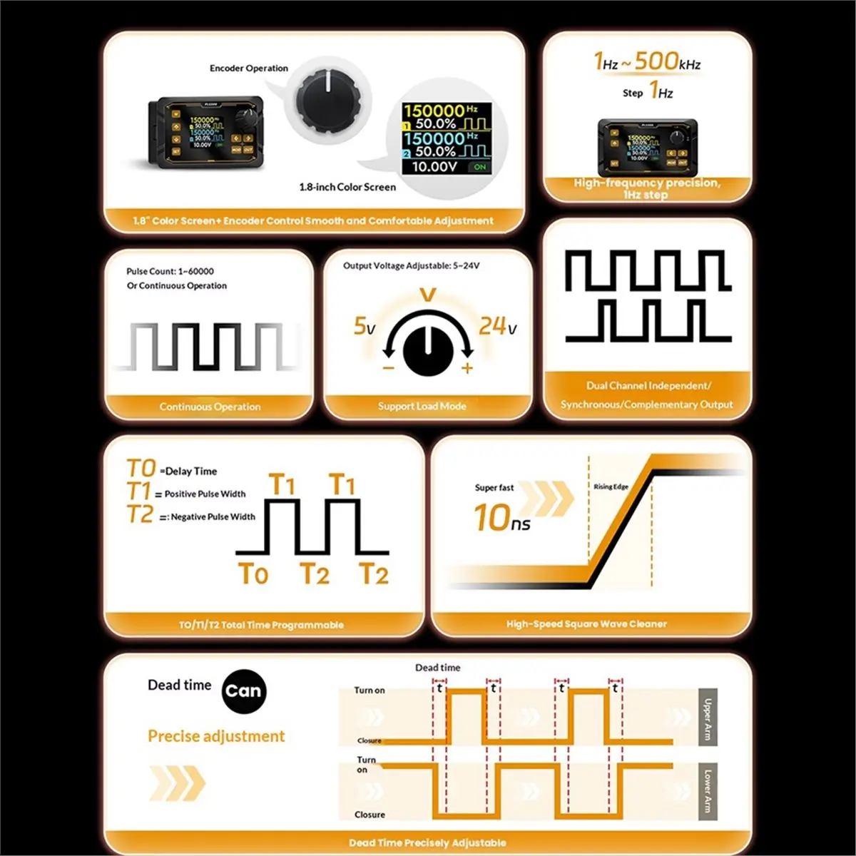 Y69A PLS500 Dual Channel PWM Pulse Signal Generator 1Hz-500kHz with Adjustable Dead Zone Complementary Waveform
Y69A PLS500 Dual Channel PWM Pulse Signal Generator 1Hz-500kHz with Adjustable Dead Zone Complementary Waveform