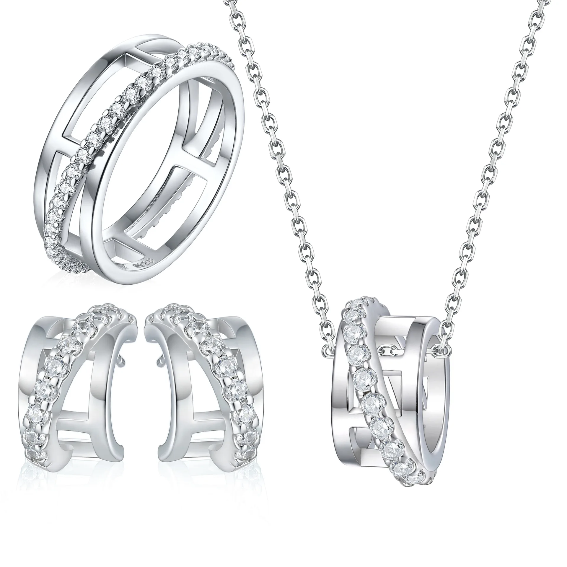S925 sterling silver plated 18K gold PT950 platinum earring ring pendant necklace three ring fashionable three piece set
S925 sterling silver plated 18K gold PT950 platinum earring ring pendant necklace three ring fashionable three piece set