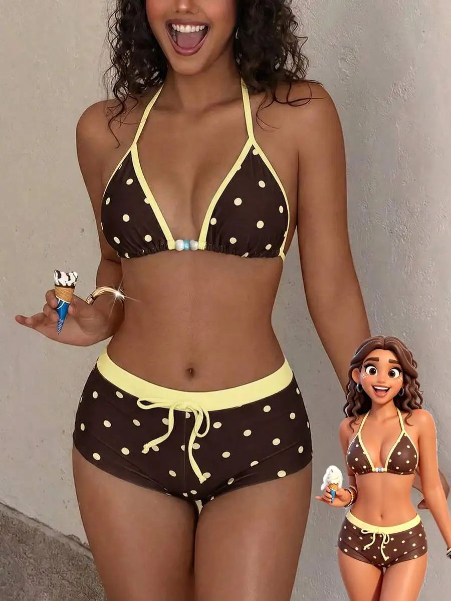 Brown With Cream Polka Dot Triangle Bikini Set, Y2K Retro Swimwear For Summer Beach, Vacation, And Street Outings
Brown With Cream Polka Dot Triangle Bikini Set, Y2K Retro Swimwear For Summer Beach, Vacation, And Street Outings