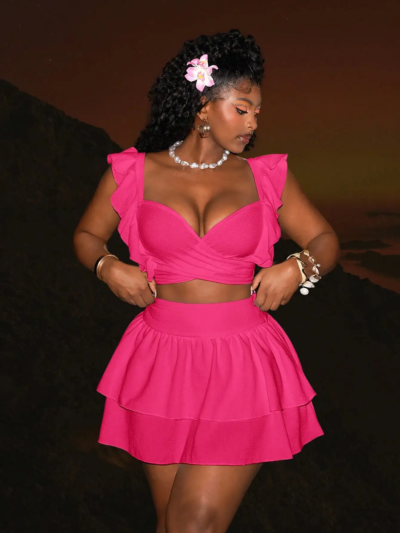Hot Pink Ruffled Crop Top and Tiered Mini Skirt Set, Y2K Style
Hot Pink Ruffled Crop Top and Tiered Mini Skirt Set, Y2K Style