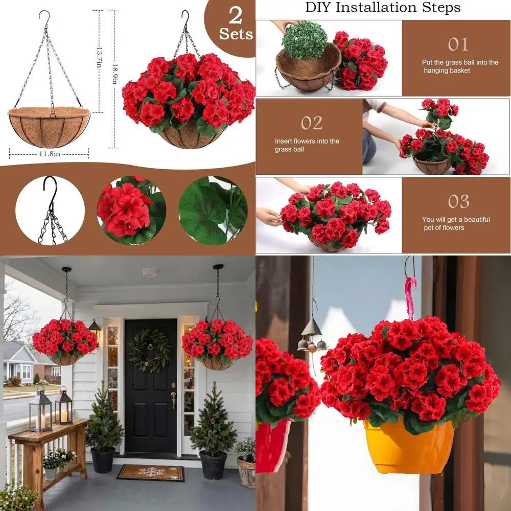 2 Artificial Red Geranium Sets or Outdoor Hanging Baskets, 2 Planters with 12 Red Flowers for Porch, Garden, Patio, Home Decor (
2 Artificial Red Geranium Sets or Outdoor Hanging Baskets, 2 Planters with 12 Red Flowers for Porch, Garden, Patio, Home Decor (