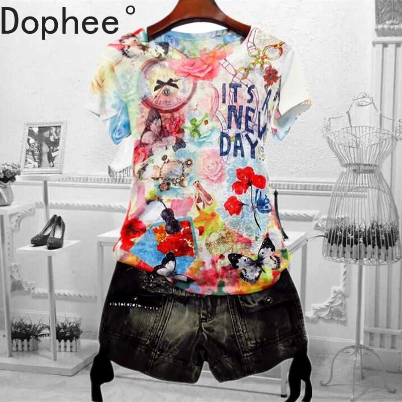 Korea All-match Summer Women T-shirt Hot Drilling Flowers Printing Mulberry Silk Short Sleeve Basic Top Large Size Thin T Shirts
Korea All-match Summer Women T-shirt Hot Drilling Flowers Printing Mulberry Silk Short Sleeve Basic Top Large Size Thin T Shirts