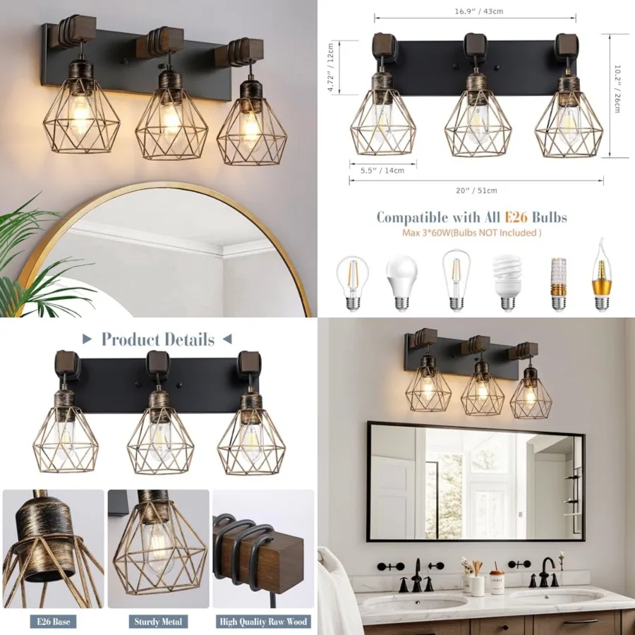 Farmhouse Bathroom Light Fixtures, Bathroom Lighting Fixtures Over Mirror, Rustic Wood Vanity Lights Wall Sconces with Metal La
Farmhouse Bathroom Light Fixtures, Bathroom Lighting Fixtures Over Mirror, Rustic Wood Vanity Lights Wall Sconces with Metal La