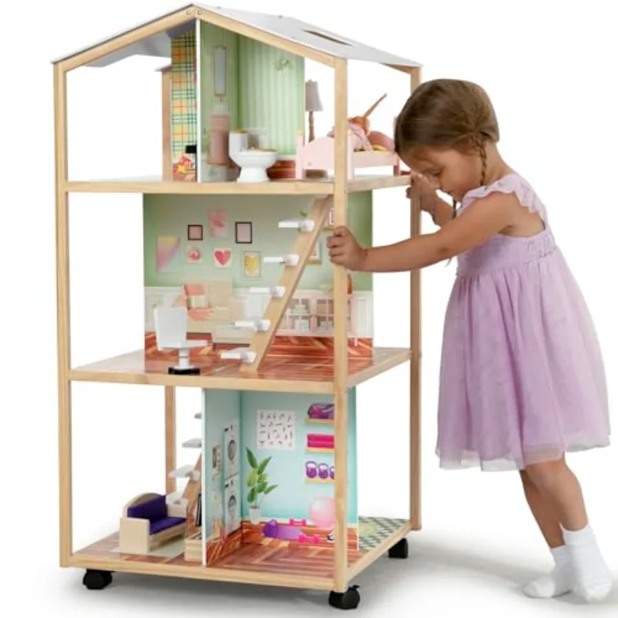 Moveable Mansion Dollhouse for pretend play - wood and plastic construction - white and pastel pink - 360-degree wheeled base w
Moveable Mansion Dollhouse for pretend play - wood and plastic construction - white and pastel pink - 360-degree wheeled base w
