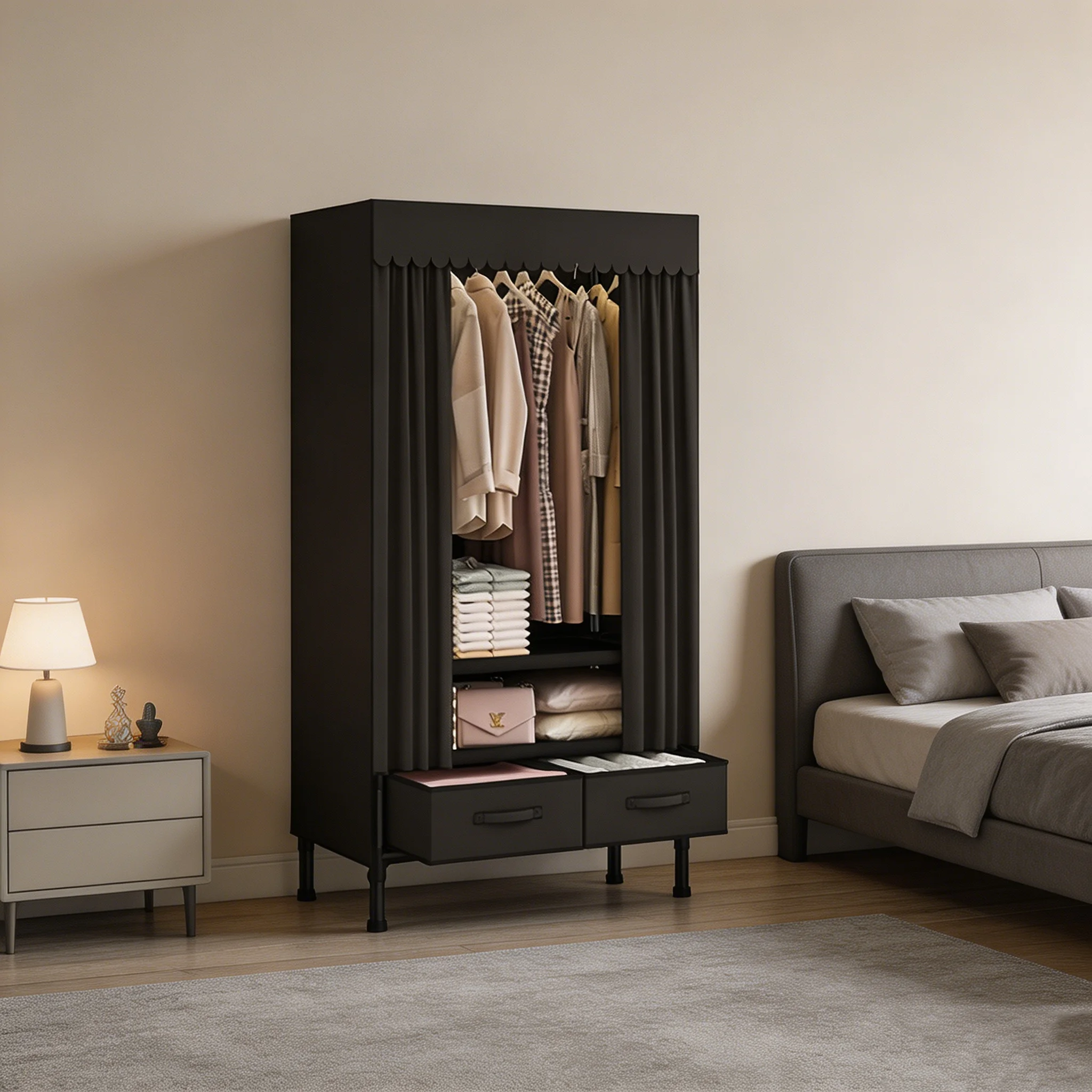 Portable Wardrobe, 27-inch Retractable Curtain Door Closet, Non-woven Fabric Storage Unit with Hangers. Comes with 1 large hanging rod and 2 storage drawers, easy to assemble. Dimensions: 27.56 × 17.7 × 67.7 inches, black
Portable Wardrobe, 27-inch Retractable Curtain Door Closet, Non-woven Fabric Storage Unit with Hangers. Comes with 1 large hanging rod and 2 storage drawers, easy to assemble. Dimensions: 27.56 × 17.7 × 67.7 inches, black