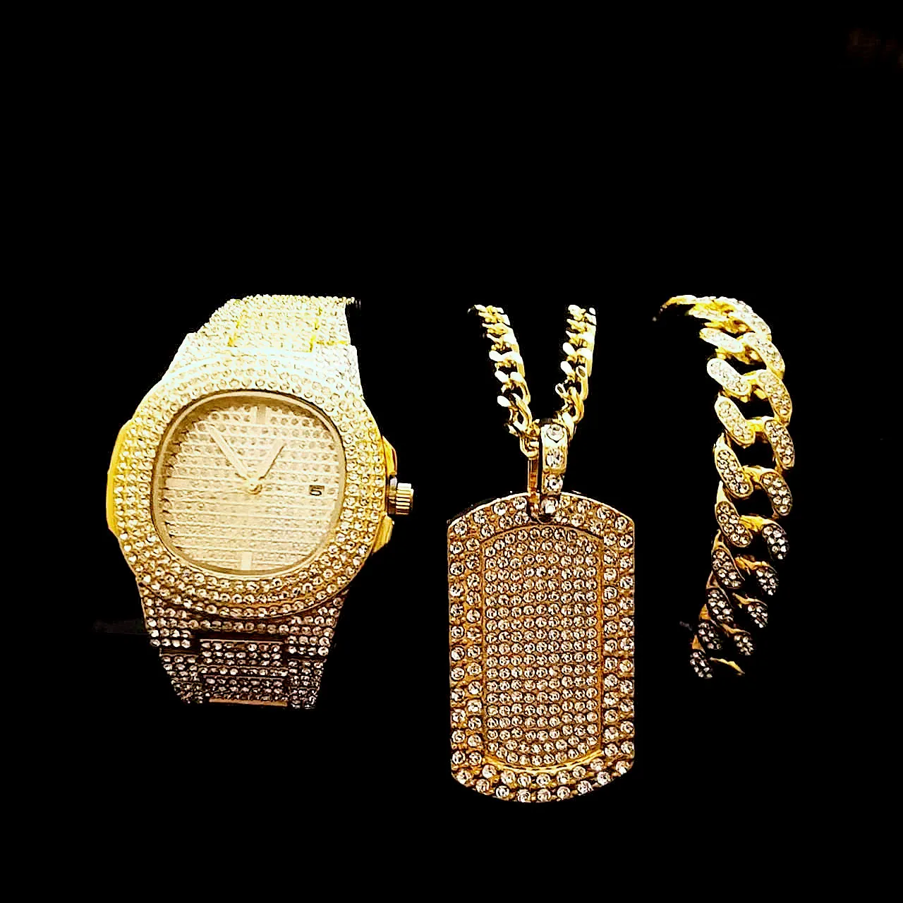 3pcs/set Watch Necklace Bracelet for Men Luxury Iced Out Watch Men Bling Cuban Chains Pendant Gold Jewelry Mens Watches Relojes
3pcs/set Watch Necklace Bracelet for Men Luxury Iced Out Watch Men Bling Cuban Chains Pendant Gold Jewelry Mens Watches Relojes