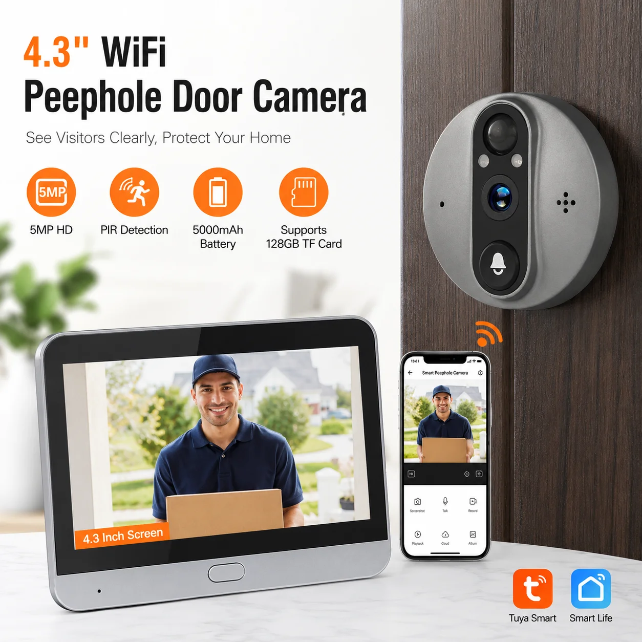 Smart 5MP Video Doorbell with 4.3" Monitor, 130° Wide Angle, PIR Detection, Night Vision, Tuya App, Alexa Google Home Security
Smart 5MP Video Doorbell with 4.3" Monitor, 130° Wide Angle, PIR Detection, Night Vision, Tuya App, Alexa Google Home Security
