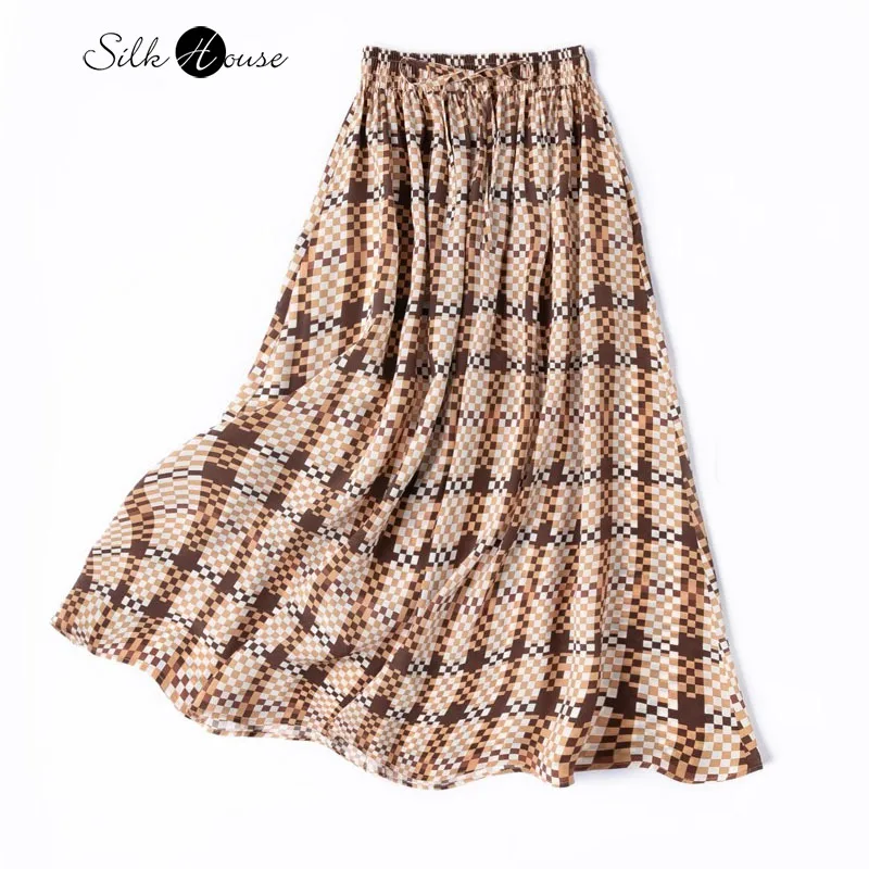 2-meter Large Swing British Plaid Hanging Feeling 100% Natural Mulberry Silk Crepe De Chine Elastic Waist Women's Casual Skirt 
2-meter Large Swing British Plaid Hanging Feeling 100% Natural Mulberry Silk Crepe De Chine Elastic Waist Women's Casual Skirt