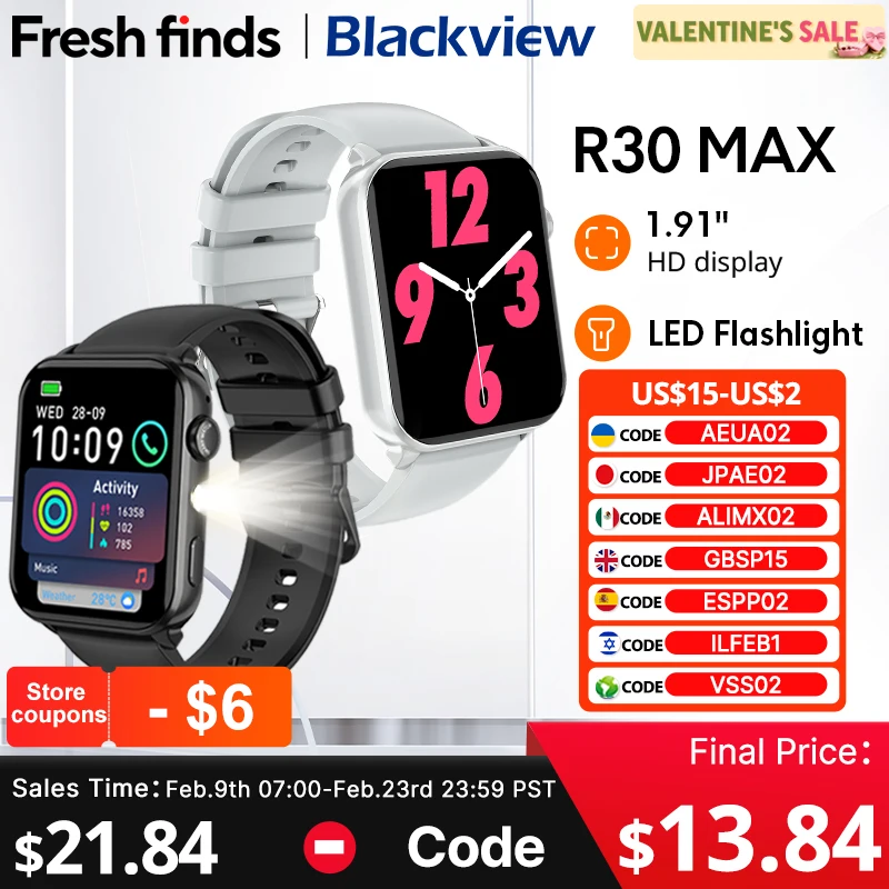 【Мировая премьера】Умные часы Blackview R30 Max 1,91 дюйма, Bluetooth-фонарик для телефонных звонков, 350 мАч, спортивные часы Al Voice Assistant
【Мировая премьера】Умные часы Blackview R30 Max 1,91 дюйма, Bluetooth-фонарик для телефонных звонков, 350 мАч, спортивные часы Al Voice Assistant