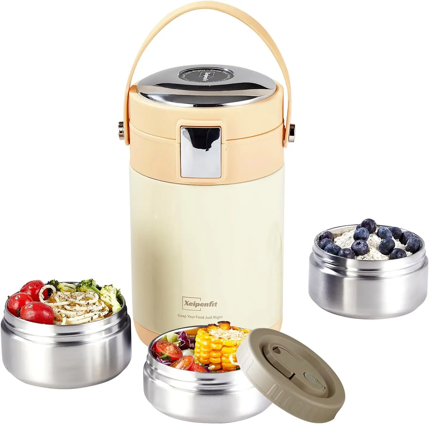 78oz Stainless Steel Vacuum Insulated Wide Mouth Food Jar with 3-Tier Stackable Bento Containers, White
78oz Stainless Steel Vacuum Insulated Wide Mouth Food Jar with 3-Tier Stackable Bento Containers, White