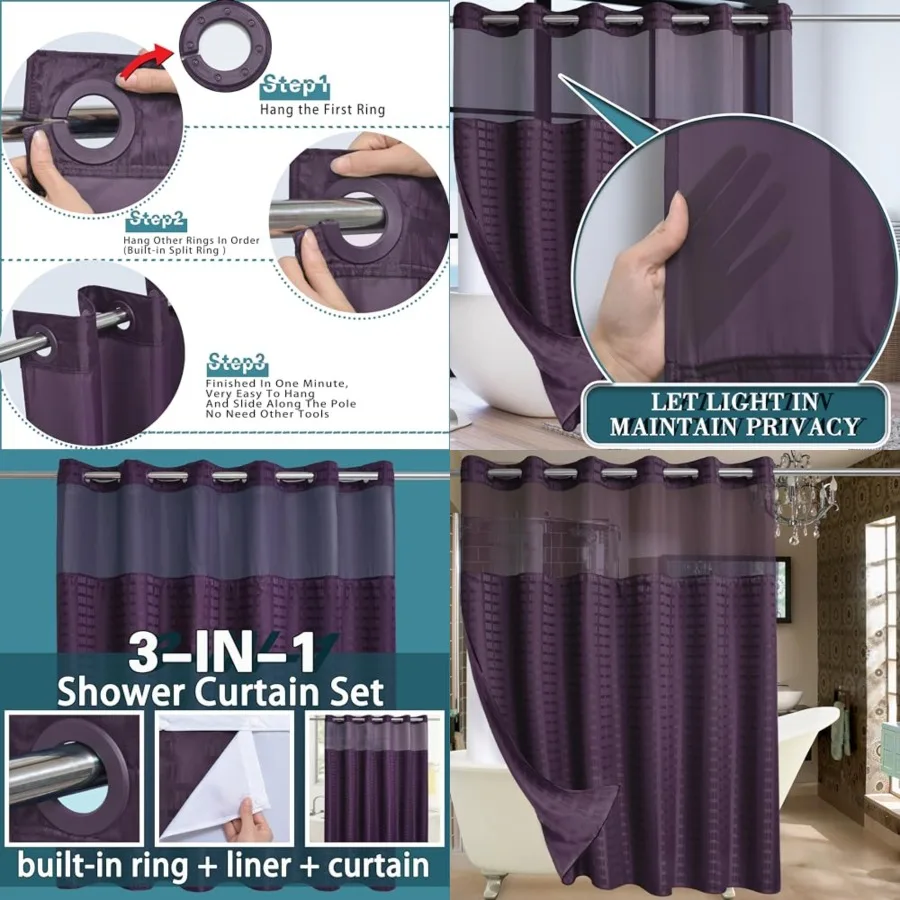 Extra Wide No Hook Shower Curtain with Snap in Liner Set, 108 x 74 Hotel Luxury Purple Shower Curtains for Bathroom with See Th
Extra Wide No Hook Shower Curtain with Snap in Liner Set, 108 x 74 Hotel Luxury Purple Shower Curtains for Bathroom with See Th