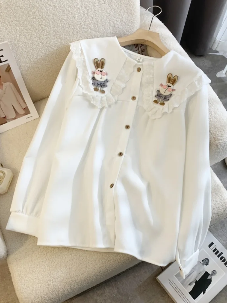 Cute Rabbit Embroidery Lace Long Sleeve Loose Girl Shirt Spring Fashion Outerwear Doll Collar Top Korean Style Commute Wind
Cute Rabbit Embroidery Lace Long Sleeve Loose Girl Shirt Spring Fashion Outerwear Doll Collar Top Korean Style Commute Wind