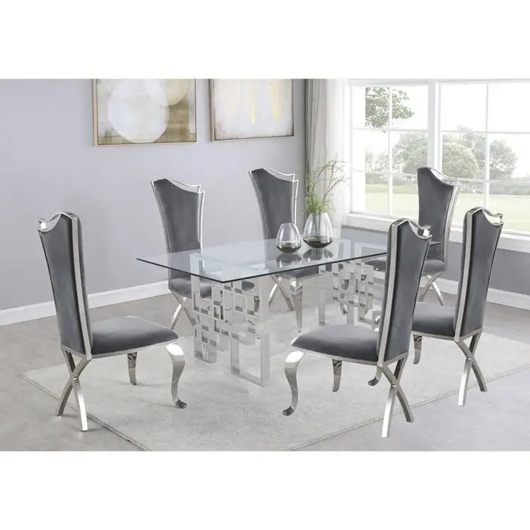 Deluxe showroom furniture dining table set transparent fiberglass living room stainless steel furniture dining table with chairs
Deluxe showroom furniture dining table set transparent fiberglass living room stainless steel furniture dining table with chairs