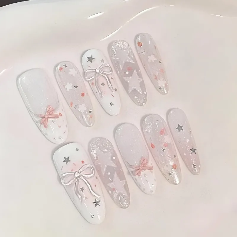 10Pcs False Nails Pink Chunky Glitter Cat-Eye Gradient Stars and Bows French Style Press-On Nails Perfect As A Gift for Girls
10Pcs False Nails Pink Chunky Glitter Cat-Eye Gradient Stars and Bows French Style Press-On Nails Perfect As A Gift for Girls