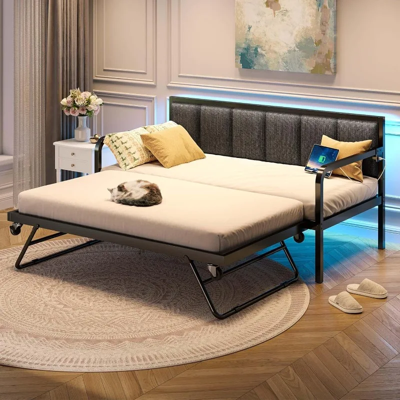 Daybed with USB Charging Station and LED, Height Adjustable Twin Daybed with Trundle, Grey Upholstered Bed Frame
Daybed with USB Charging Station and LED, Height Adjustable Twin Daybed with Trundle, Grey Upholstered Bed Frame