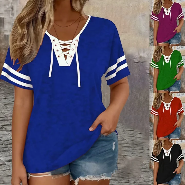 Women's Plus Size V-Neck T-Shirt with Cross Back, Striped Color Block Print, Loose Fit, Machine Washable for Spring Summer
Women's Plus Size V-Neck T-Shirt with Cross Back, Striped Color Block Print, Loose Fit, Machine Washable for Spring Summer