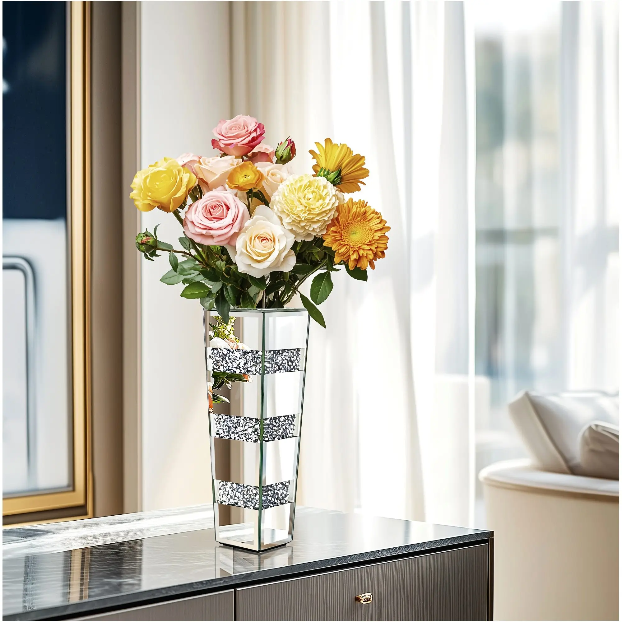 12-inch Crushed Diamond Silver Mirrored Glass Table Vase + 28-inch Tall Floor Vase with Crystal Diamond Accents – Elegant Home D
12-inch Crushed Diamond Silver Mirrored Glass Table Vase + 28-inch Tall Floor Vase with Crystal Diamond Accents – Elegant Home D