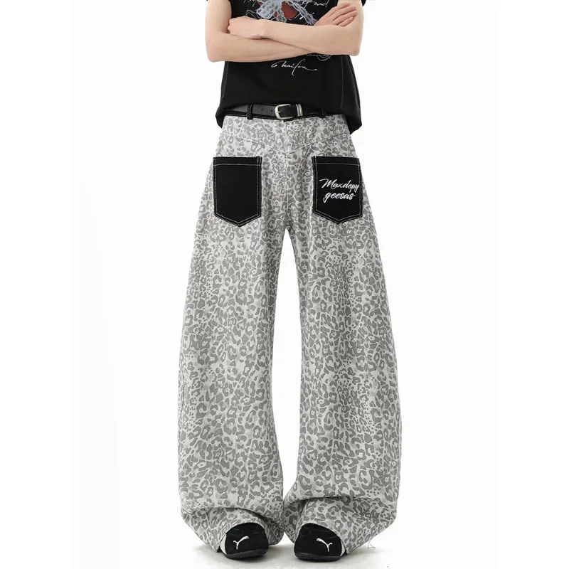 American High Street Women's Tapered Jeans Leopard Print Color Block Patch Pocket Loose Wide Leg Casual Streetwear Denim Pants
American High Street Women's Tapered Jeans Leopard Print Color Block Patch Pocket Loose Wide Leg Casual Streetwear Denim Pants