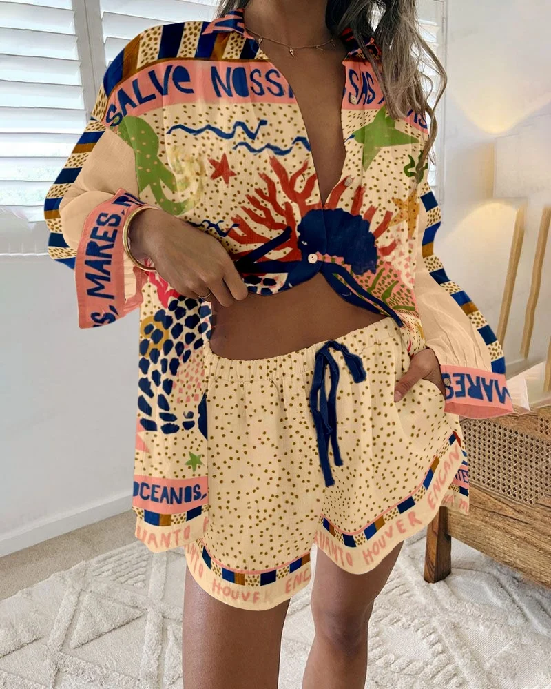 Two Piece Set Fashion Casual Printed Women Summer Comfort Holiday Color Colorful Button Long Sleeves Shirts And Shorts Sets
Two Piece Set Fashion Casual Printed Women Summer Comfort Holiday Color Colorful Button Long Sleeves Shirts And Shorts Sets