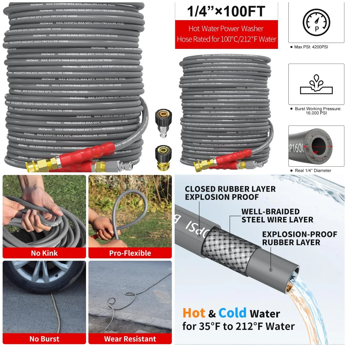 100ft 4200PSI Pressure Washer Hose, 3/8' Quick Connect, 1/4' Steel Wire Braided Kink-Resistant Extension Hose
100ft 4200PSI Pressure Washer Hose, 3/8' Quick Connect, 1/4' Steel Wire Braided Kink-Resistant Extension Hose