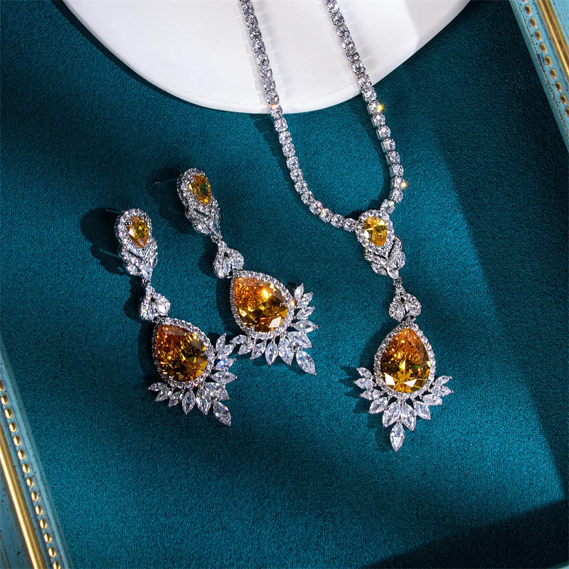 Wedding Jewelry Set for Women Silver Needle Necklace Earring Sets Yellow Cubic Zircon Luxury Engagement Party Fashion Accessory
Wedding Jewelry Set for Women Silver Needle Necklace Earring Sets Yellow Cubic Zircon Luxury Engagement Party Fashion Accessory