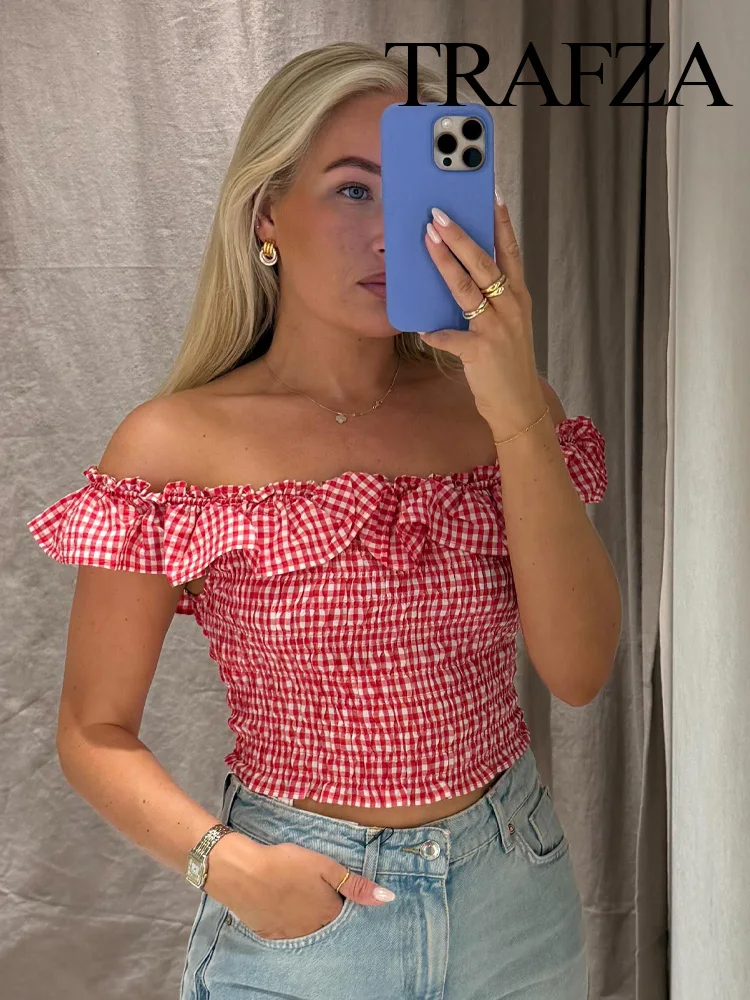 TRAFZA 2025 Spring Top For Women Fashion One-Collar Tight Plaid Tops Woman Versatile Backless Short Elastic Top Clothing
TRAFZA 2025 Spring Top For Women Fashion One-Collar Tight Plaid Tops Woman Versatile Backless Short Elastic Top Clothing