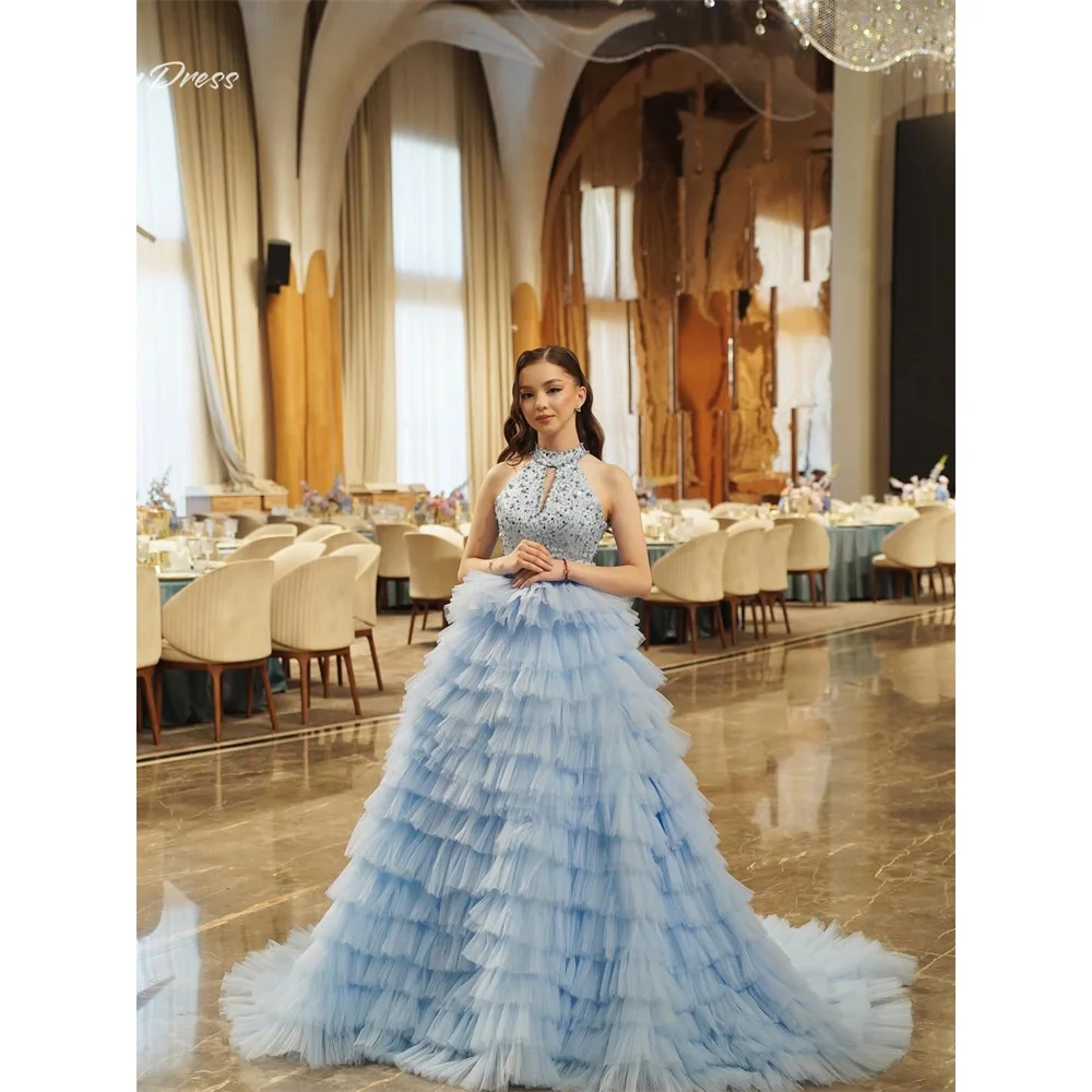 Lucy Sequin Halter sky blue Ball Gown Evening Dress 2026 Prom Dress Elegant Tiered Beading Customized Robes de Soirée
Lucy Sequin Halter sky blue Ball Gown Evening Dress 2026 Prom Dress Elegant Tiered Beading Customized Robes de Soirée