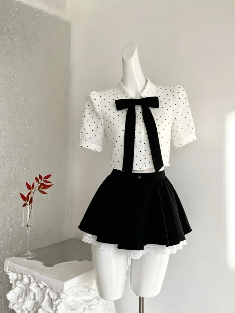 Bow Lace Polka Dot Tops + High Waist Design Ball Gown Mini Skirt Daily Female Outfits Summer Casual Sweet 2 Piece Set for Women
Bow Lace Polka Dot Tops + High Waist Design Ball Gown Mini Skirt Daily Female Outfits Summer Casual Sweet 2 Piece Set for Women