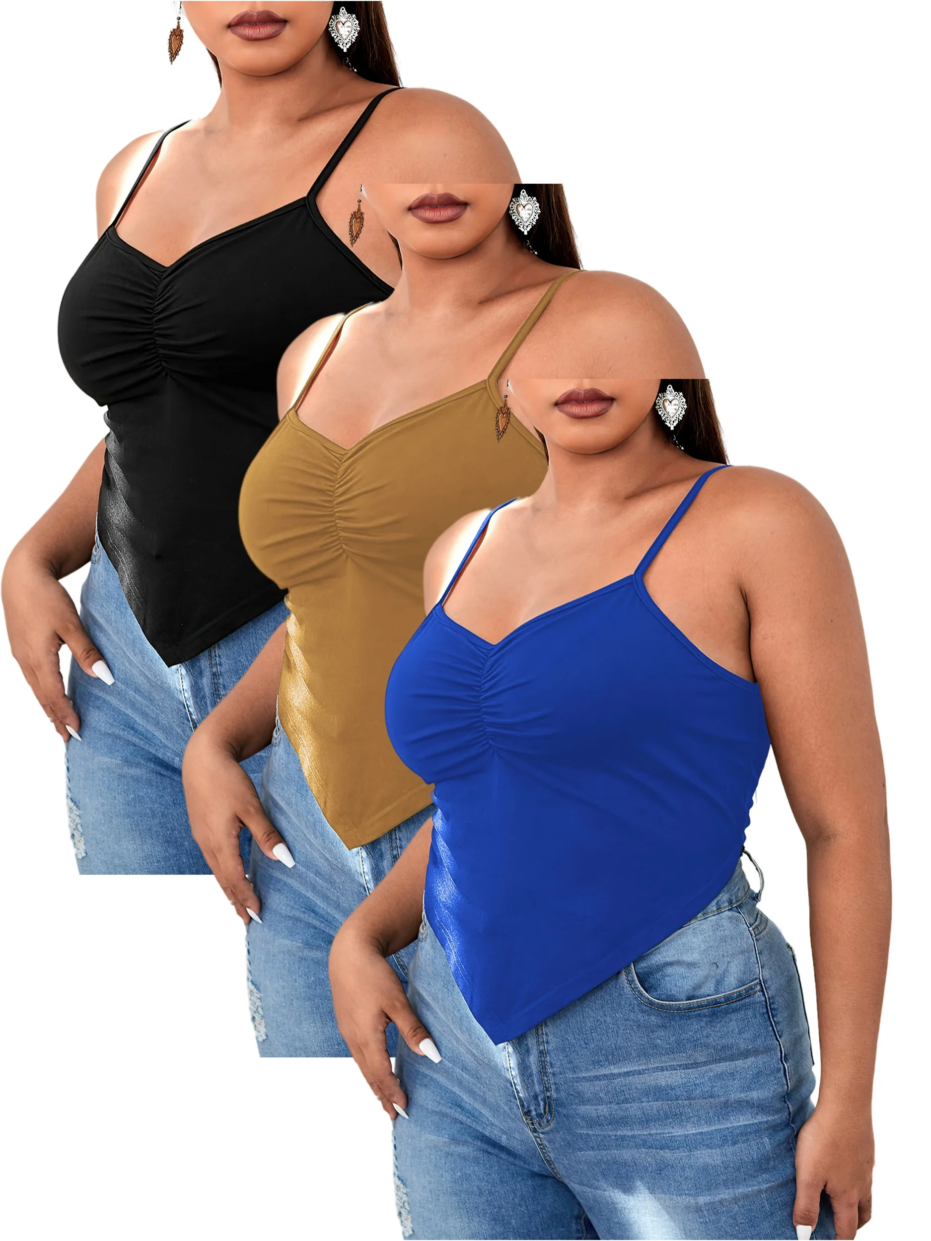 3pcs Plus Size Women V Neck Thin Spaghetti Strap Camisole Front Ruched Asymmetric Triangle Hem Solid Color Slim Fit Sleeveless C
3pcs Plus Size Women V Neck Thin Spaghetti Strap Camisole Front Ruched Asymmetric Triangle Hem Solid Color Slim Fit Sleeveless C