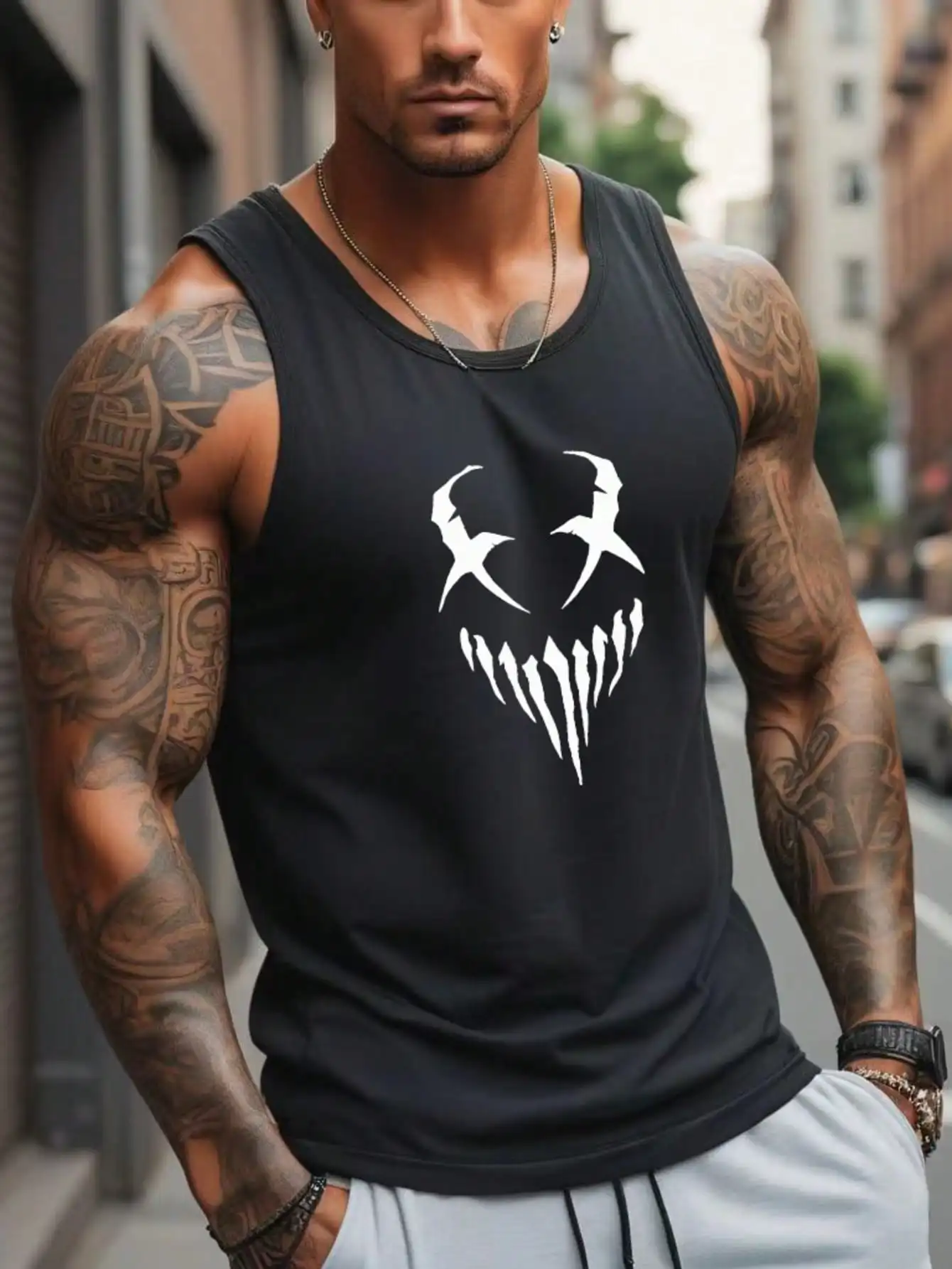 Мужская черная дышащая майка без рукавов с графическим принтом-смайликом для тренировок и повседневной носки
Мужская черная дышащая майка без рукавов с графическим принтом-смайликом для тренировок и повседневной носки