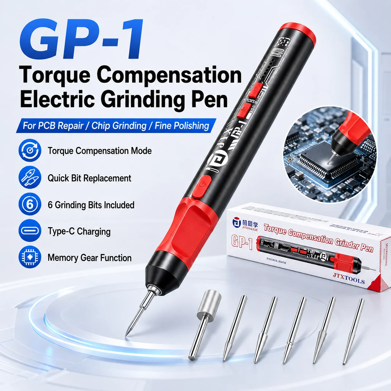 JTX GP-1 Torque Compensation Electric Grinding Pen Auto Upshift Memory Gear Polishing Grinder Tool for Phone PCBs IC Repair Kits
JTX GP-1 Torque Compensation Electric Grinding Pen Auto Upshift Memory Gear Polishing Grinder Tool for Phone PCBs IC Repair Kits