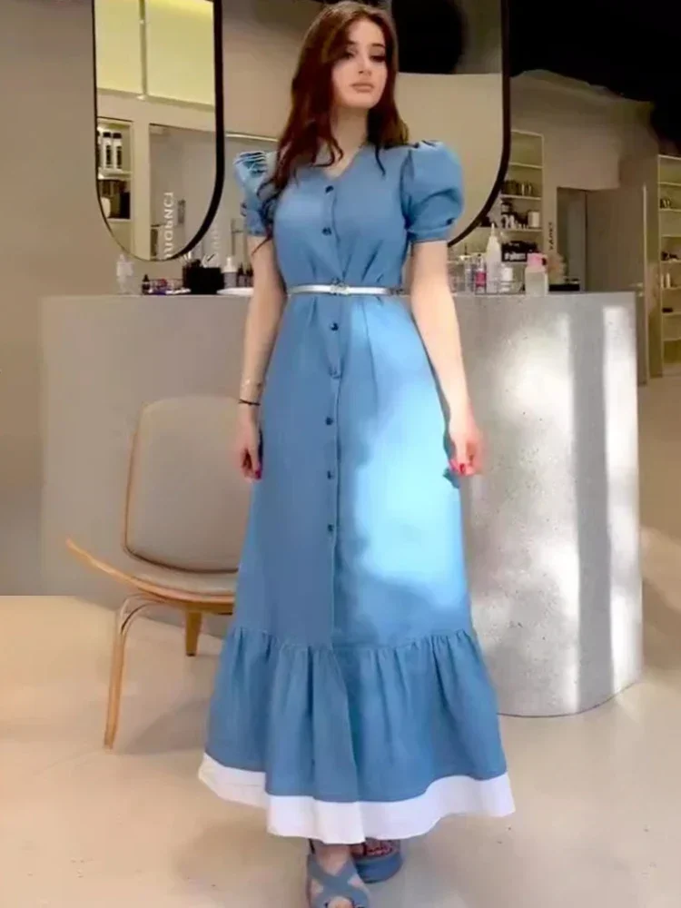Women's Elegant Blue Matching Dress V-neck Short Princess Sleeve Slim Pleated Button Lace Fresh Temperament Female Long Dresses
Women's Elegant Blue Matching Dress V-neck Short Princess Sleeve Slim Pleated Button Lace Fresh Temperament Female Long Dresses