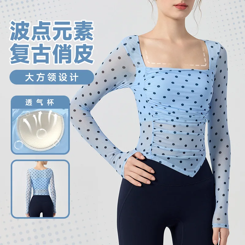 Женская футболка в горошек с квадратным вырезом в стиле ретро, с длинным рукавом, неровный подол, плиссированный пояс, подушка для груди, топ для фитнеса
Женская футболка в горошек с квадратным вырезом в стиле ретро, с длинным рукавом, неровный подол, плиссированный пояс, подушка для груди, топ для фитнеса