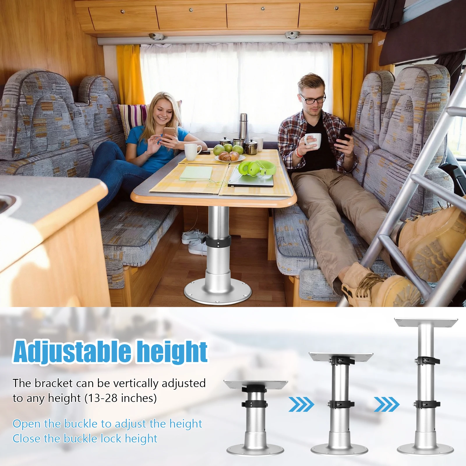 RV Dinette Pedestal Detachable 3-Level Telescopic Table Leg Aluminum Alloy 13-28 Inch Height Range with Gas Lift for Boat Yacht
RV Dinette Pedestal Detachable 3-Level Telescopic Table Leg Aluminum Alloy 13-28 Inch Height Range with Gas Lift for Boat Yacht