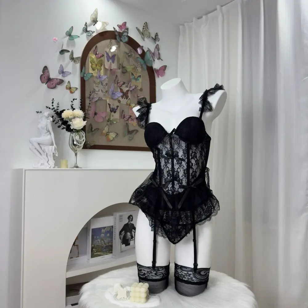 Fashion Bowknot Lace Lingerie Women Flounce Mesh Lace Sling Nightdress Nightwear Transparent See Through Night Dress Women 
Fashion Bowknot Lace Lingerie Women Flounce Mesh Lace Sling Nightdress Nightwear Transparent See Through Night Dress Women