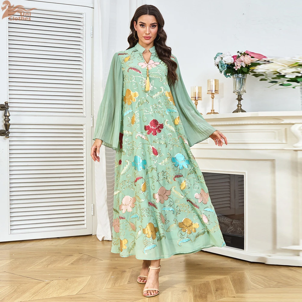 Uni Muslim Fashion Floral Embroidery Sequins Casual Abaya Ruffle Sleeve Notched V-Neck Tassel Dress Moroccan Dubai Women Robe
Uni Muslim Fashion Floral Embroidery Sequins Casual Abaya Ruffle Sleeve Notched V-Neck Tassel Dress Moroccan Dubai Women Robe